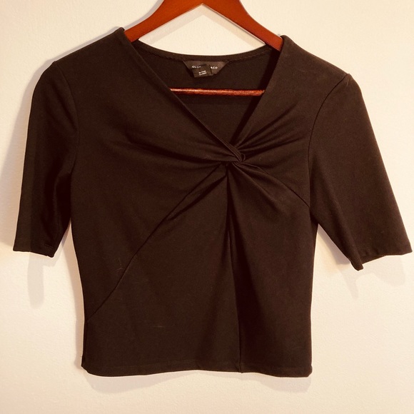Club Monaco Tops - Club Monaco, Black Fitted Short Sleeve V Neck Shirt with Knot, Small